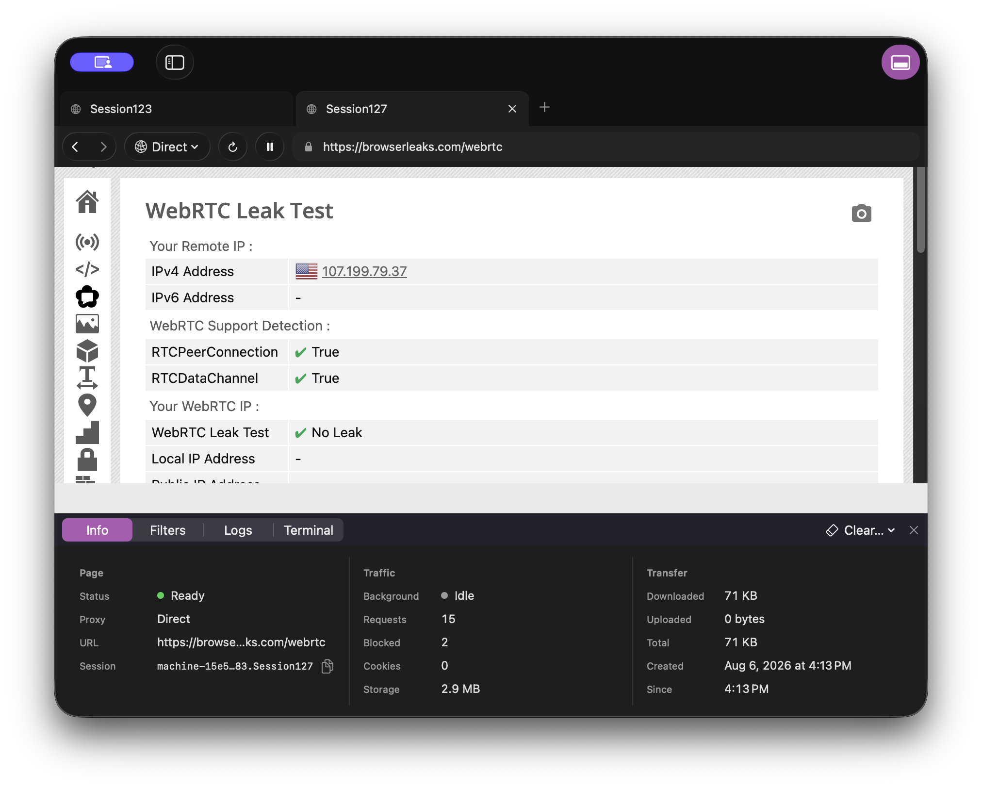 Rel on macOS displaying a web page with an isolated session and live page statistics